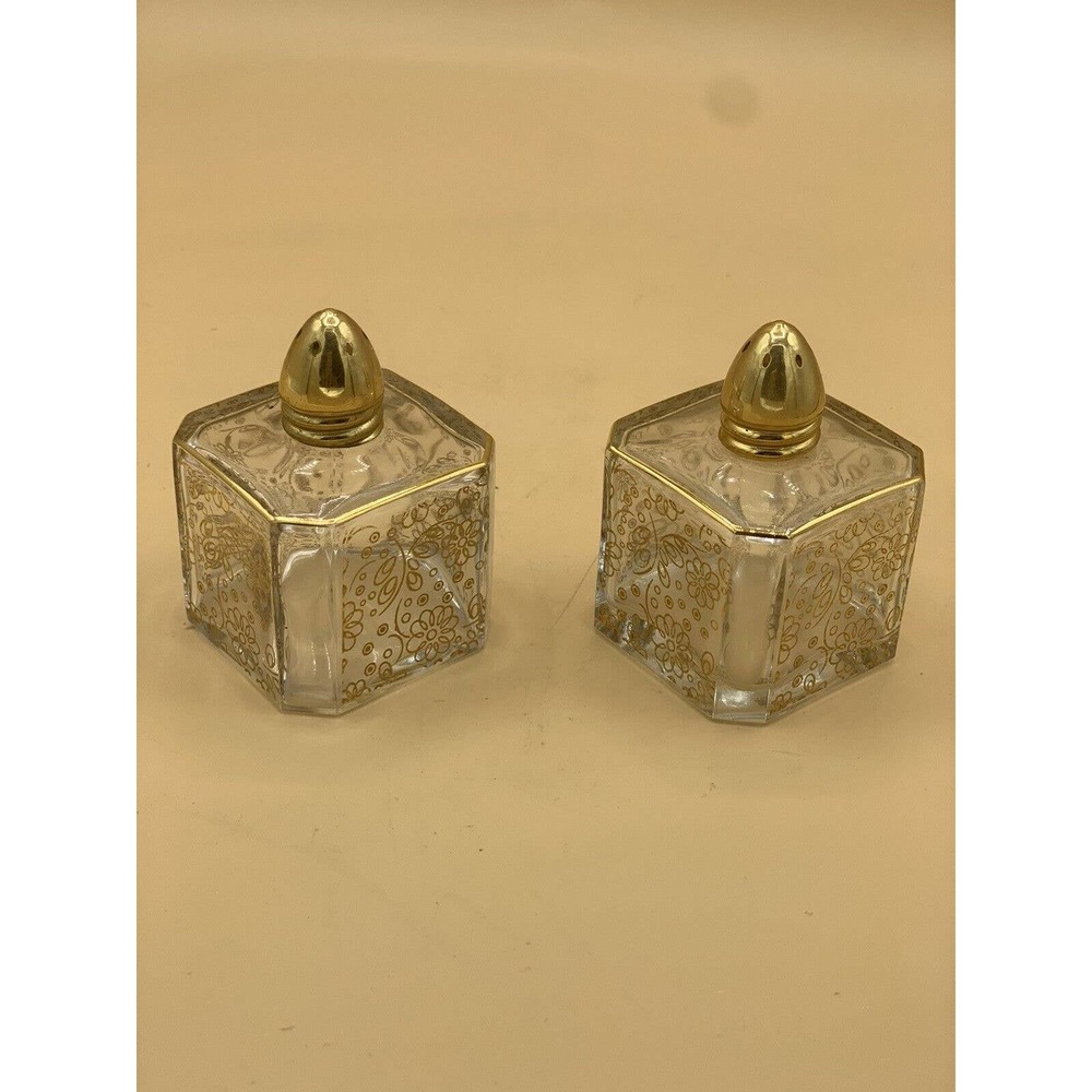 Vintage Made In France Irving Rice Crystal & Gold Floral Salt & Pepper Shakers
